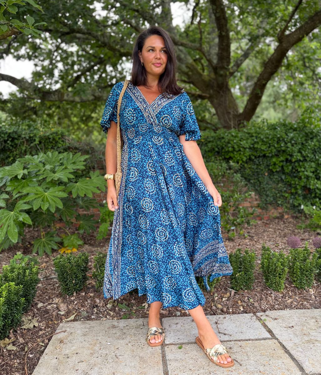 Medina Blue Shirred Waist Midi Dress