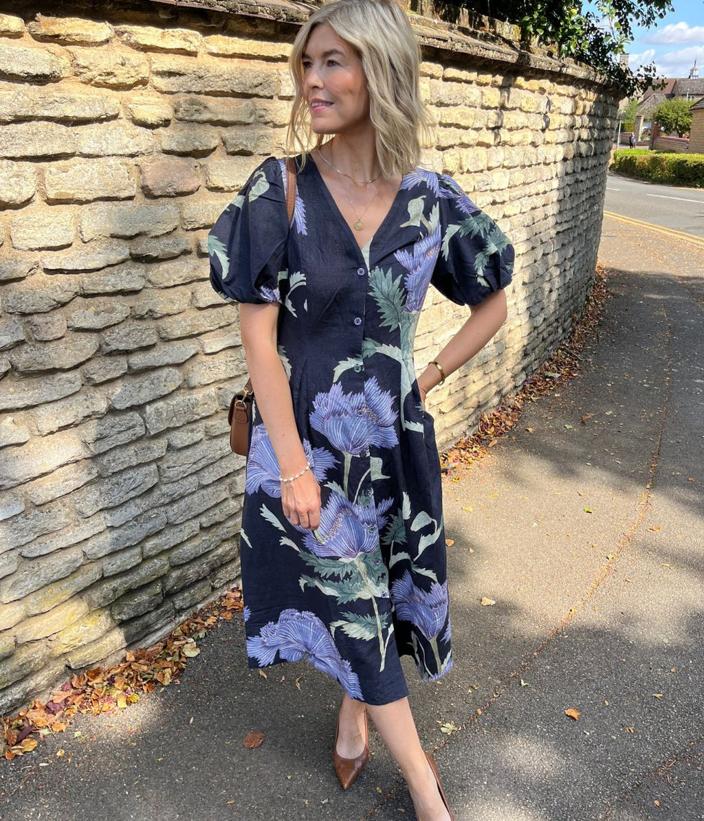 Navy Linen Blend Kew Gardens Midi Dress