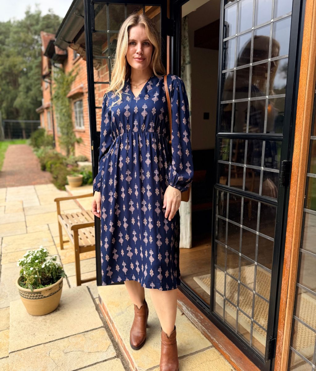 Navy Designer Block Print Midi Dress