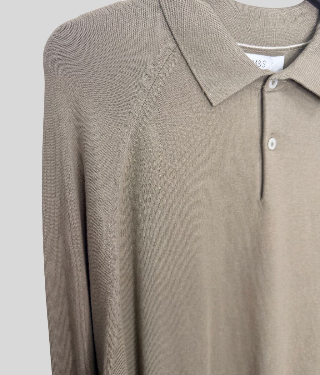 Mens Putty Cotton Rich Long Sleeve Knitted Polo Top