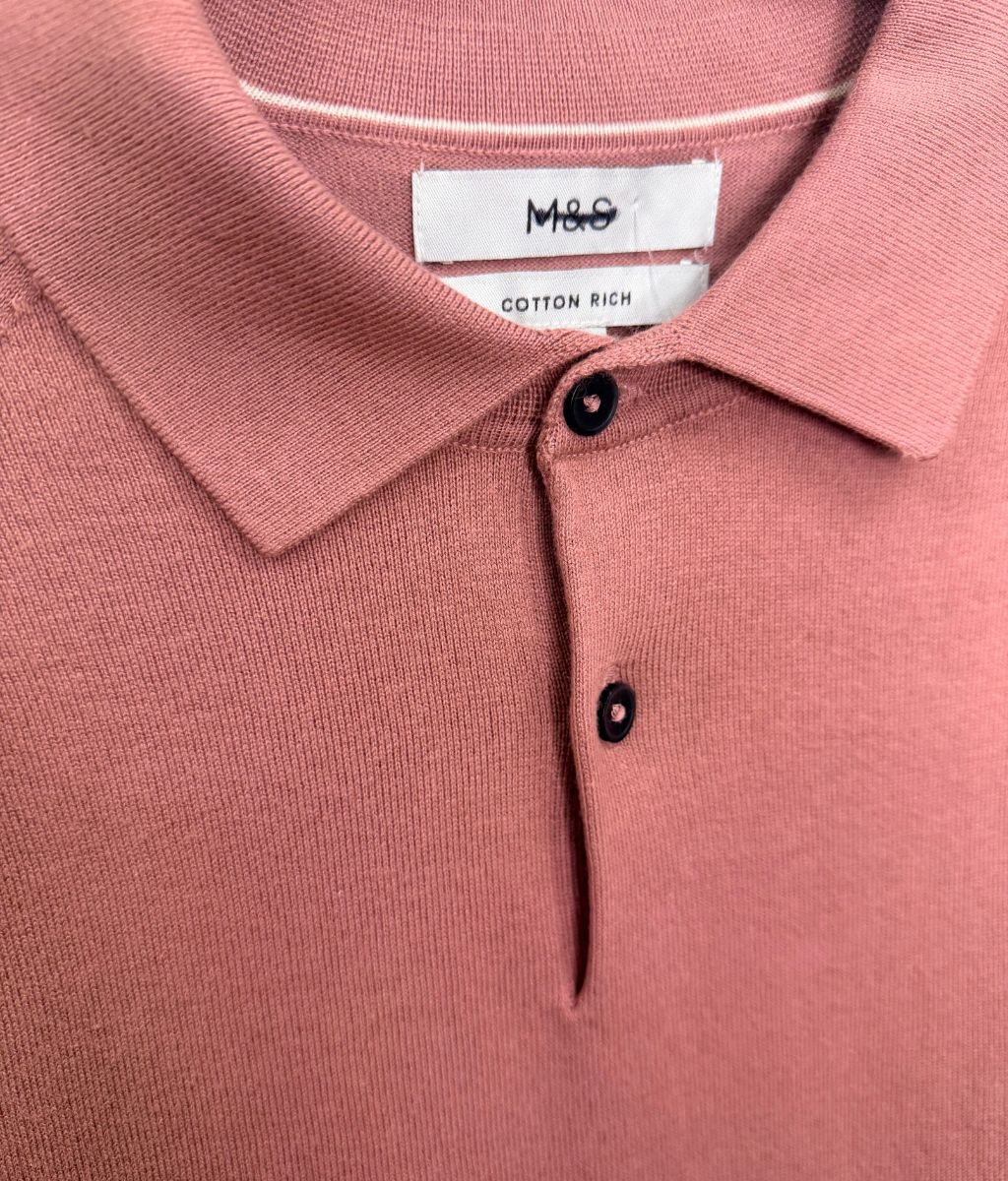 Mens Antique Rose Cotton Rich Long Sleeve Knitted Polo Top