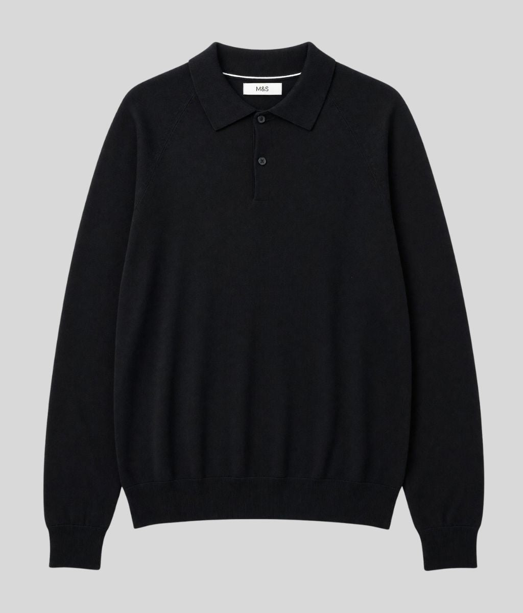 Mens Black Cotton Rich Long Sleeve Knitted Polo Top