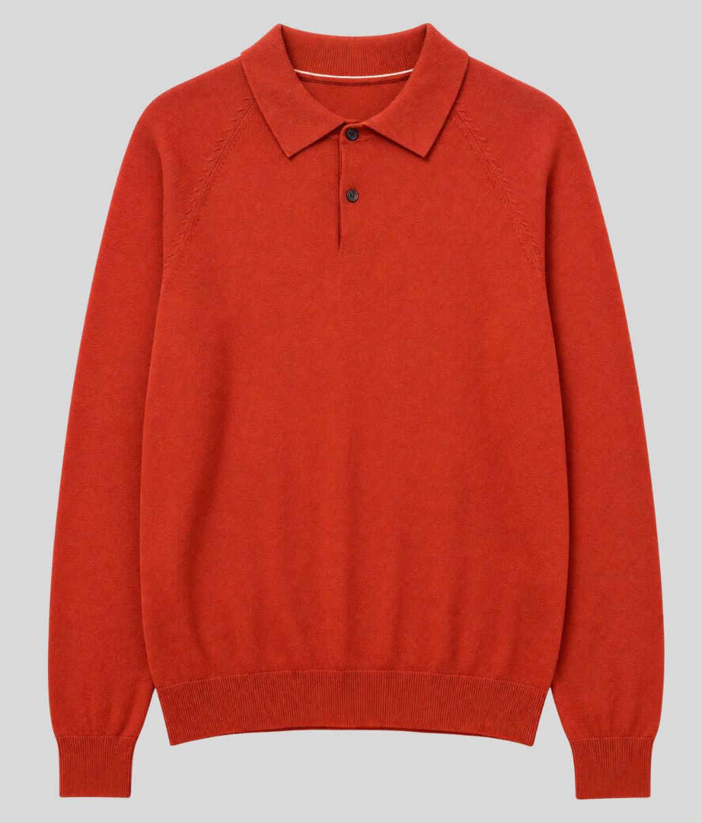 Mens Paprika Cotton Rich Long Sleeve Knitted Polo Top