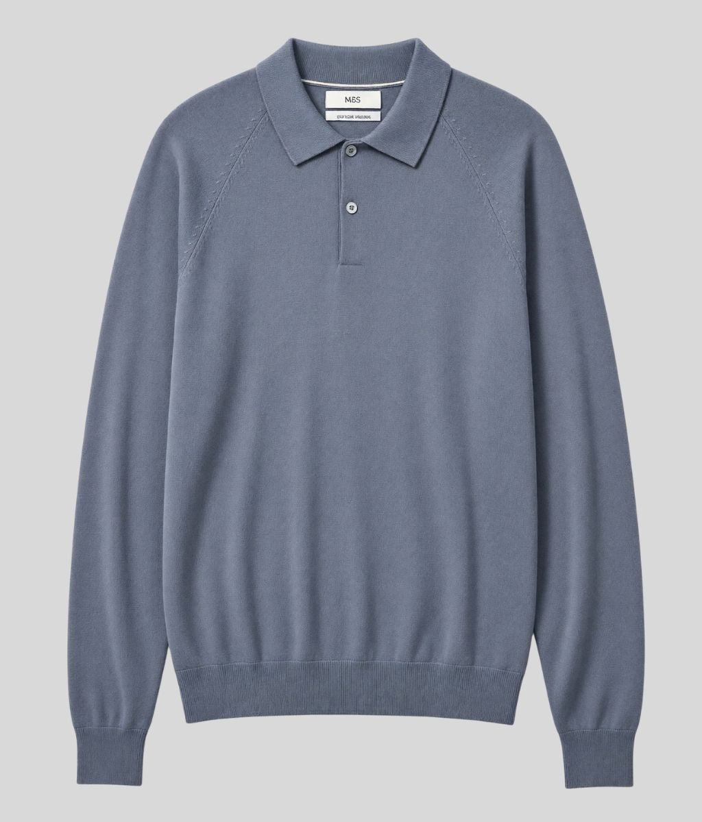 Mens Dark Pewter Cotton Rich Long Sleeve Knitted Polo Top