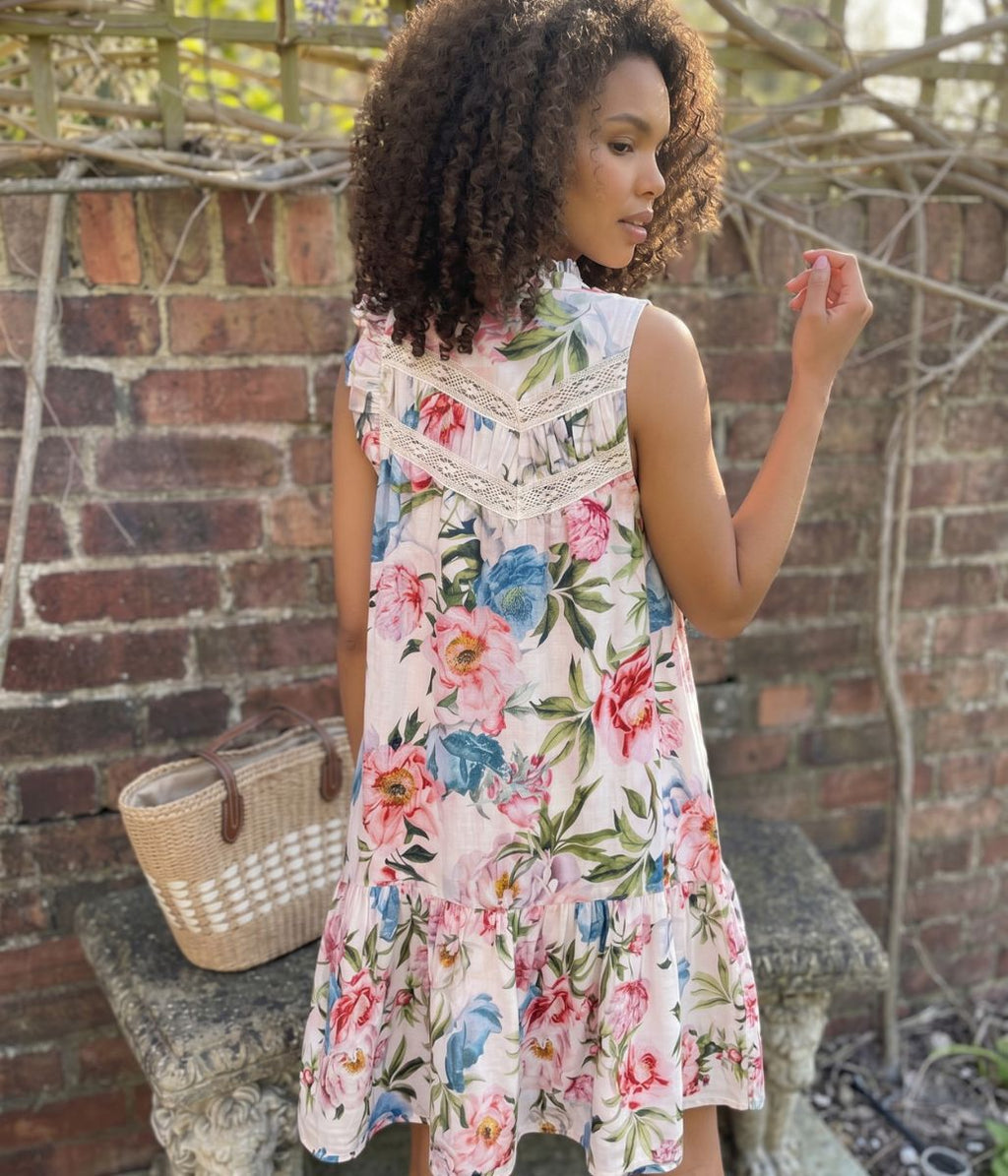 Floral Linen Blend Embroidered Detail Dress