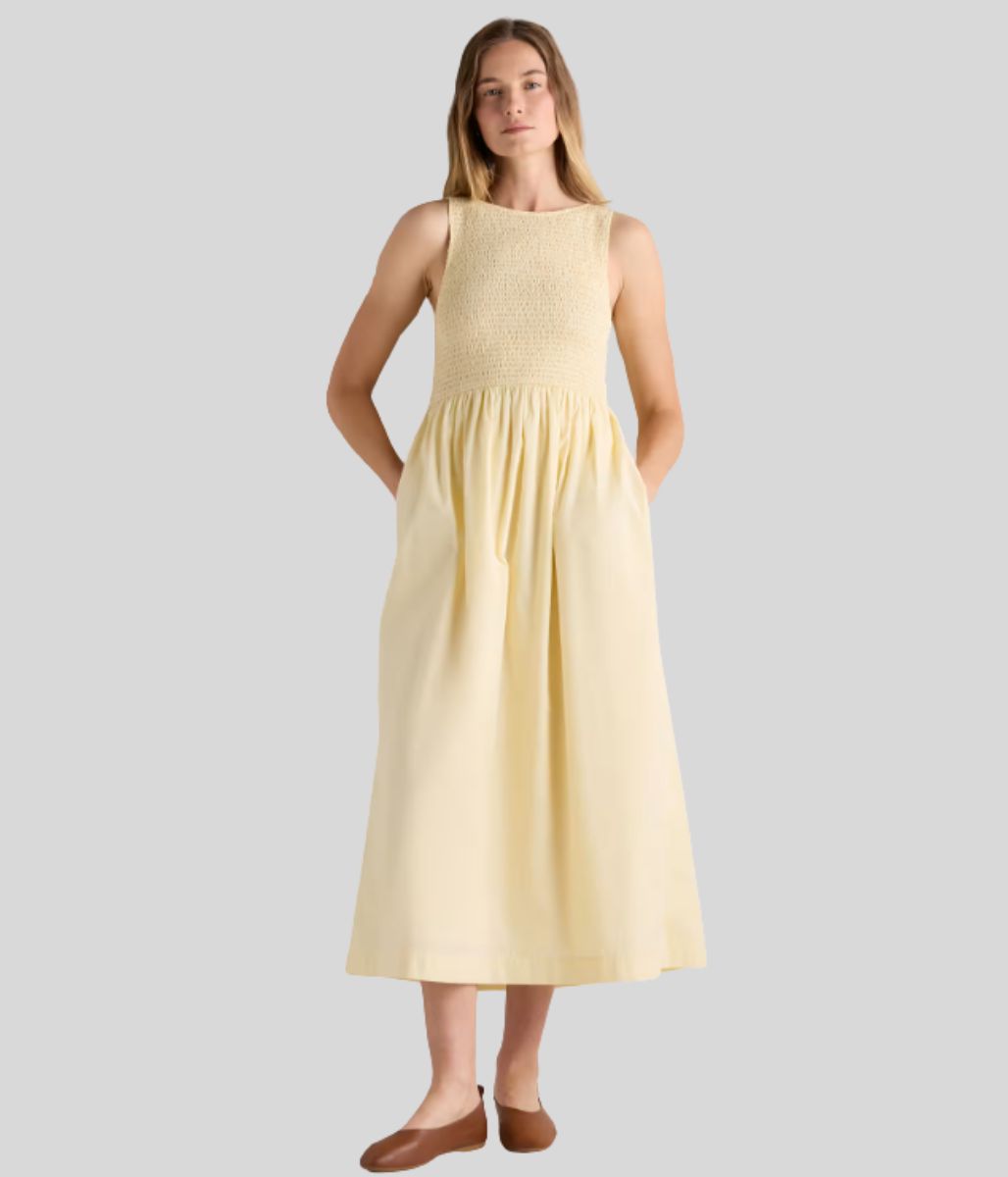 Yellow Cotton Poplin Shirred Dress
