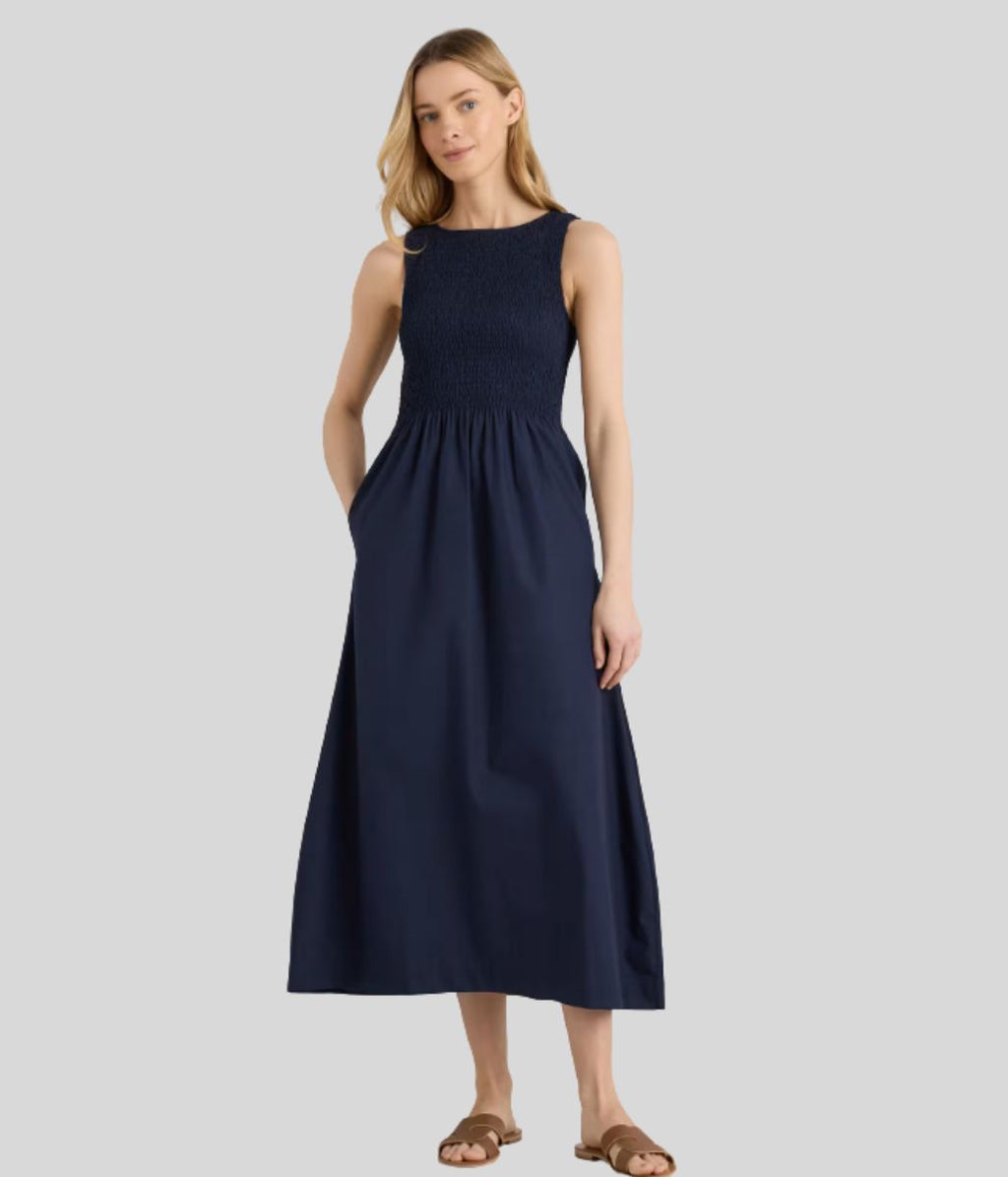 Navy Cotton Poplin Shirred Dress