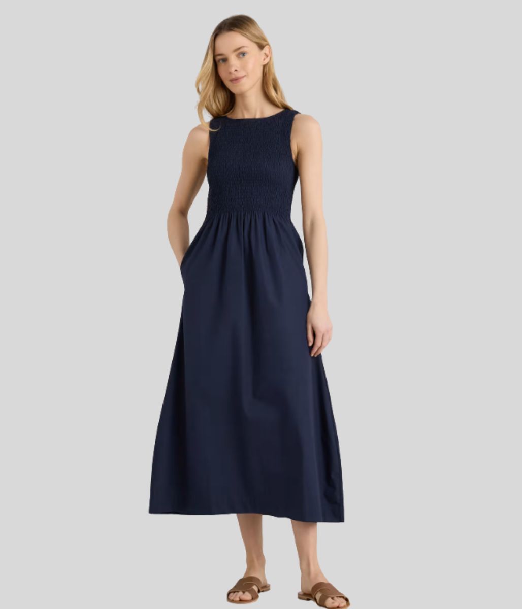 Navy Cotton Poplin Shirred Dress