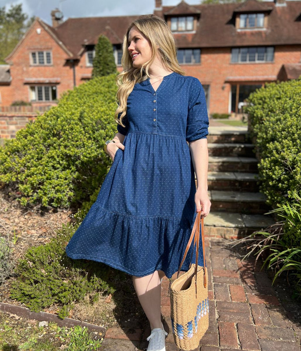 Brakeburn Blue Dotty Tiered Midi Dress