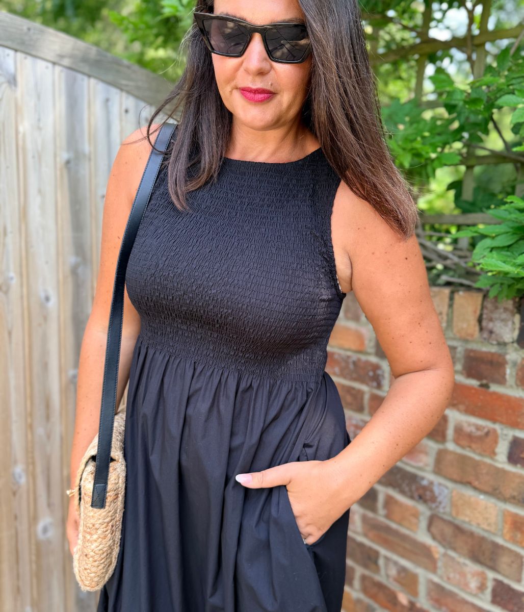 Black Cotton Poplin Shirred Dress