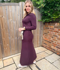 Burgundy Fitted Twist Neck Dress