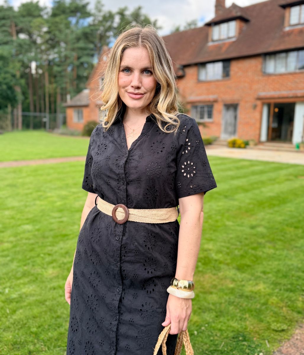 Black Belted Broderie Anglaise Shirt Dress
