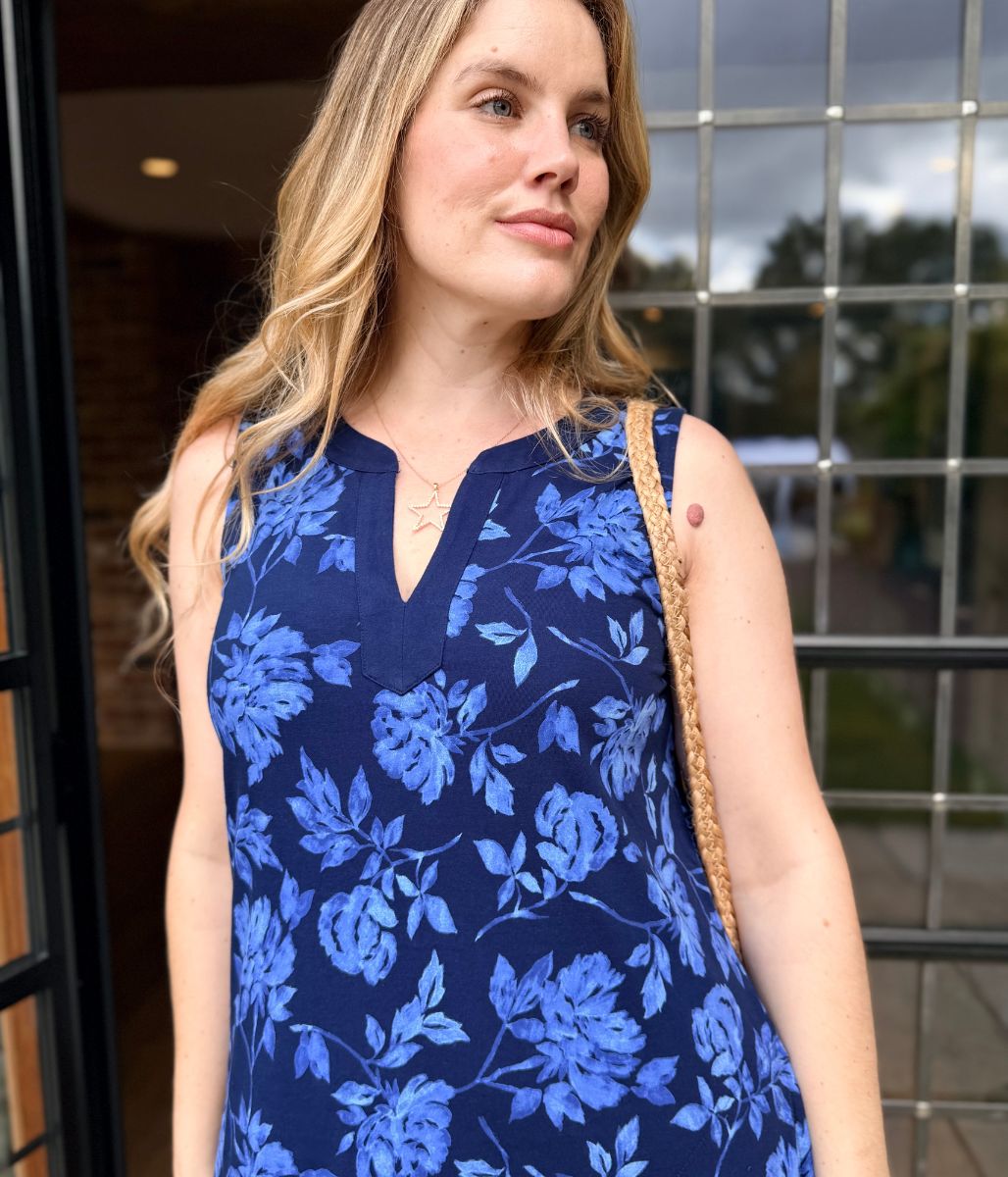 Navy Floral Jersey Notch Neck Dress