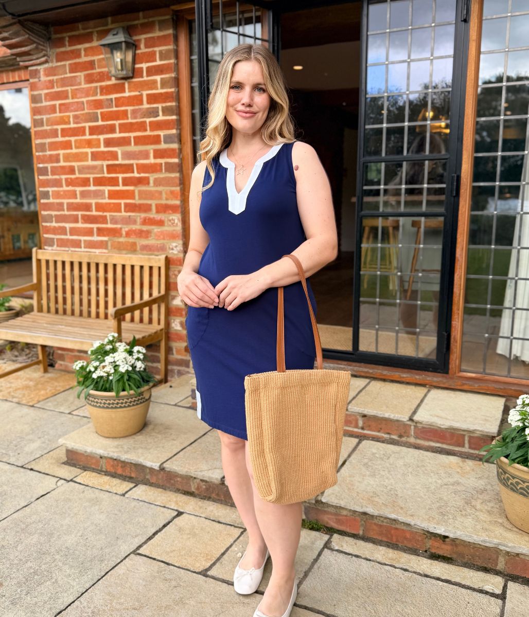 Navy White Trim Jersey Notch Neck Dress