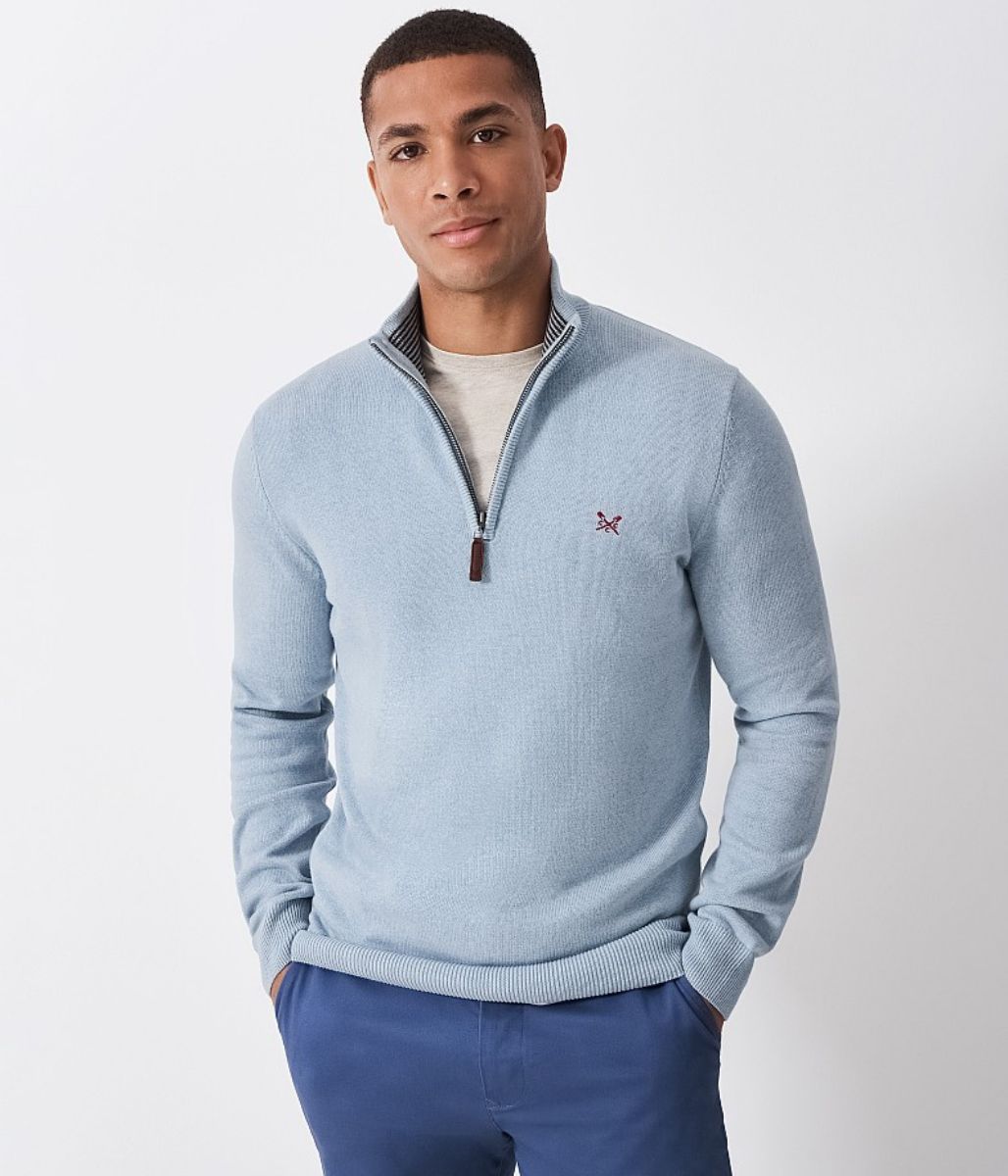 Light Blue Mens Cotton Half Zip Jumper