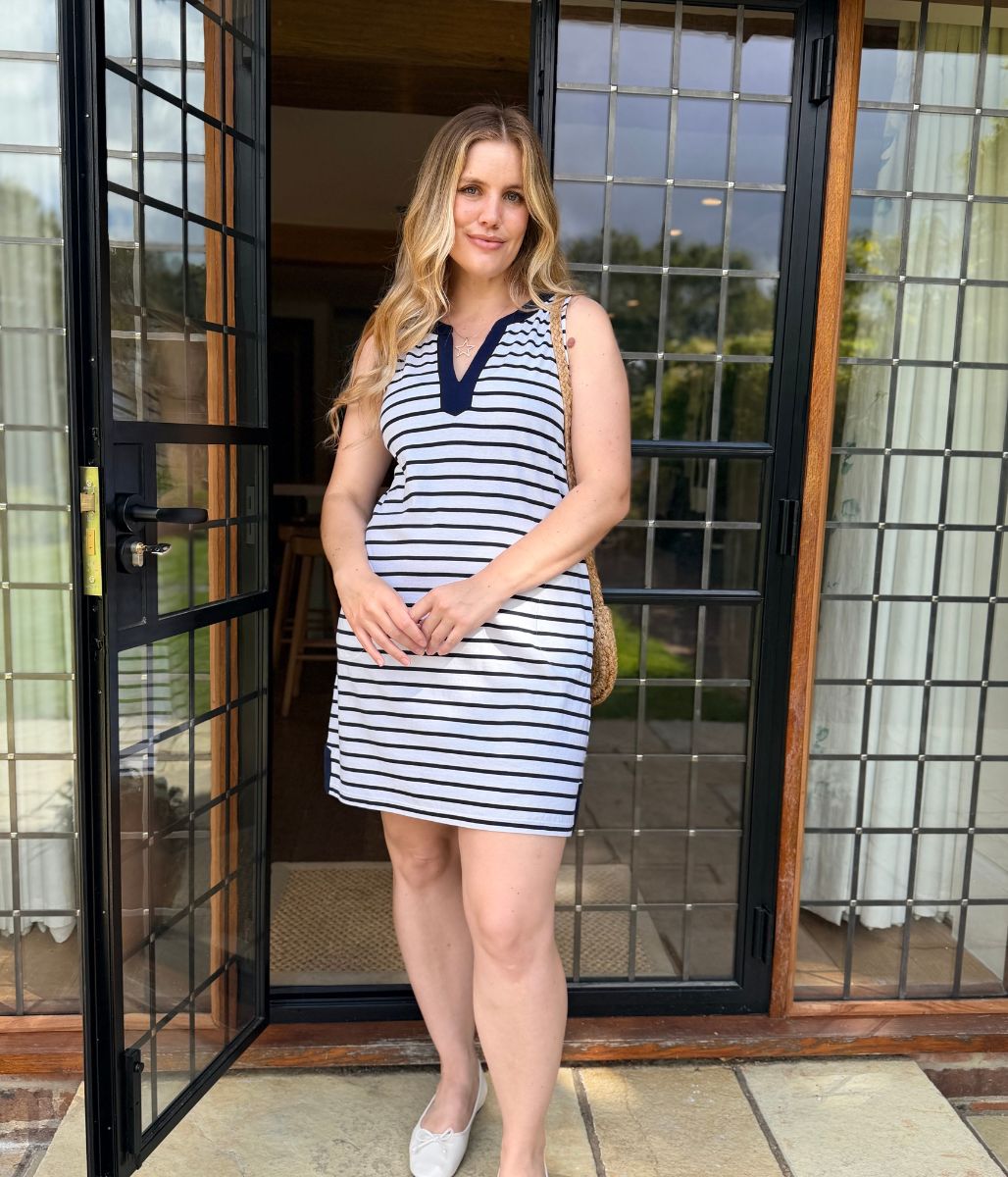 Navy Stripe Jersey Notch Neck Dress