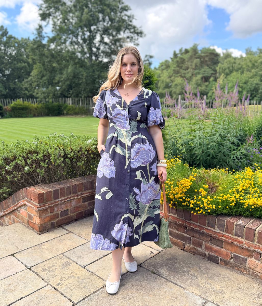 Navy Linen Blend Kew Gardens Midi Dress