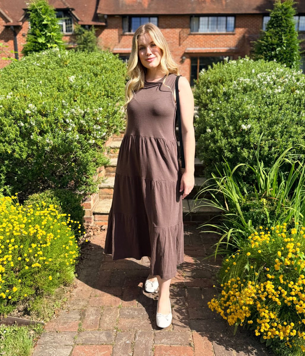 Brown Sleeveless Cotton Slub Jersey Tiered Midi Dress