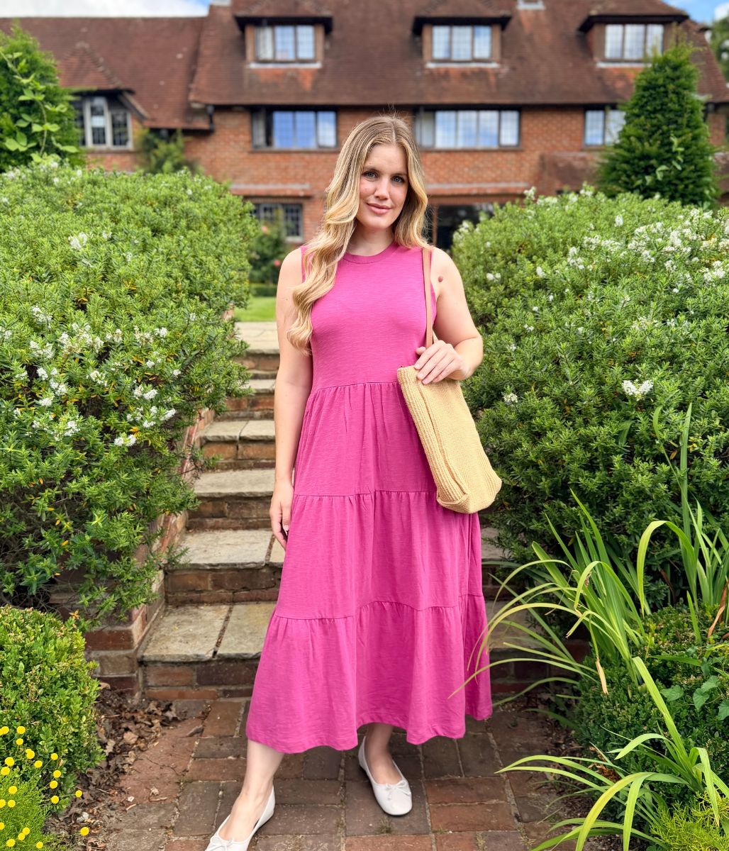 Pink Sleeveless Cotton Slub Jersey Tiered Midi Dress
