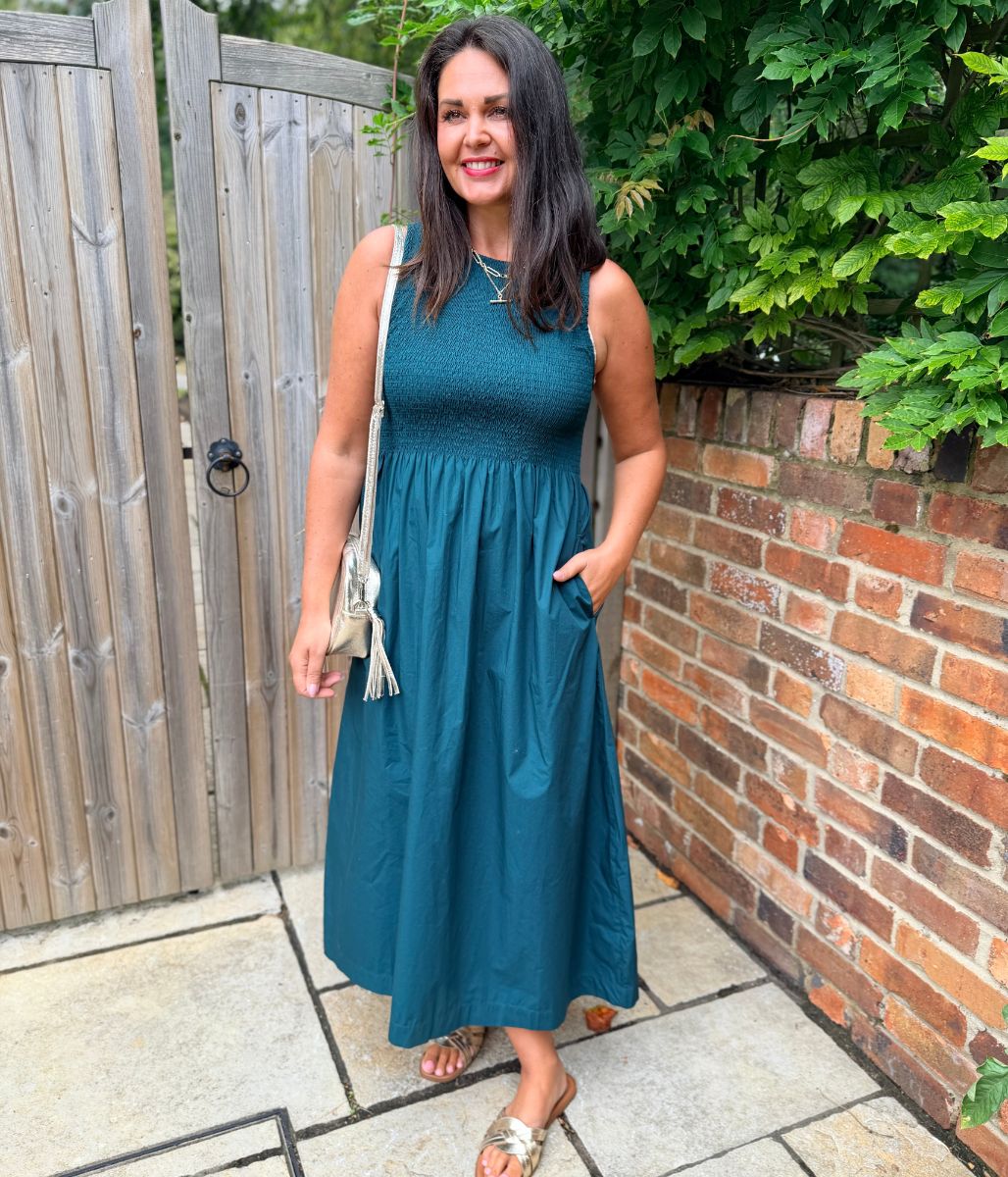 Green Cotton Poplin Shirred Dress