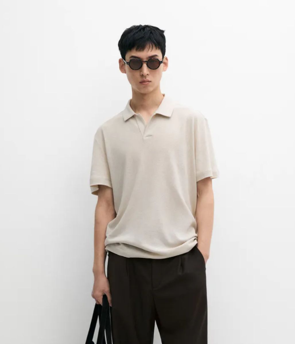 Mens Grey Revere Collar Linen Blend Polo Top