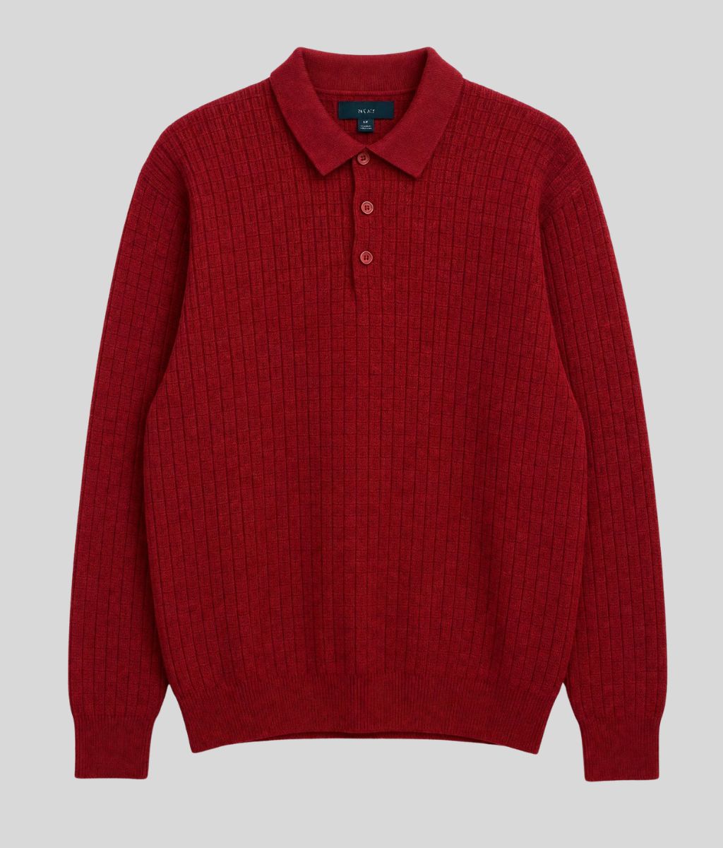 Mens Red Textured Collared Jumper