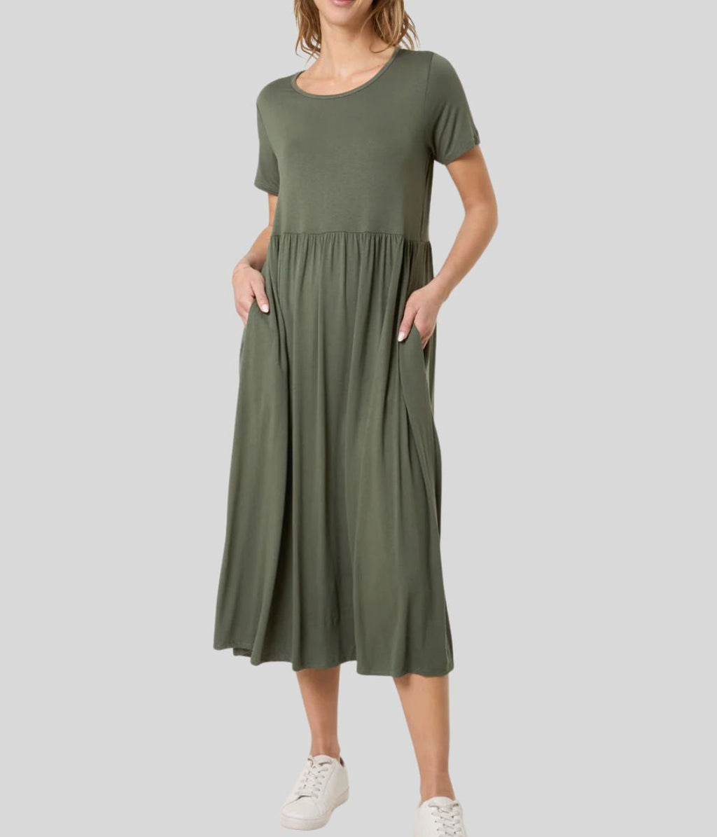 Khaki Stretch Tiered Midi Dress