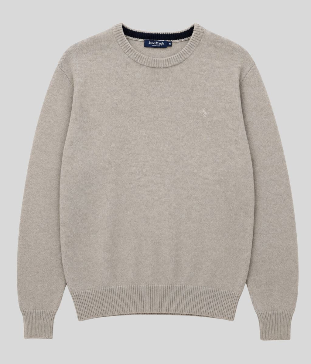 Mens Beige Wool Crew Neck Jumper
