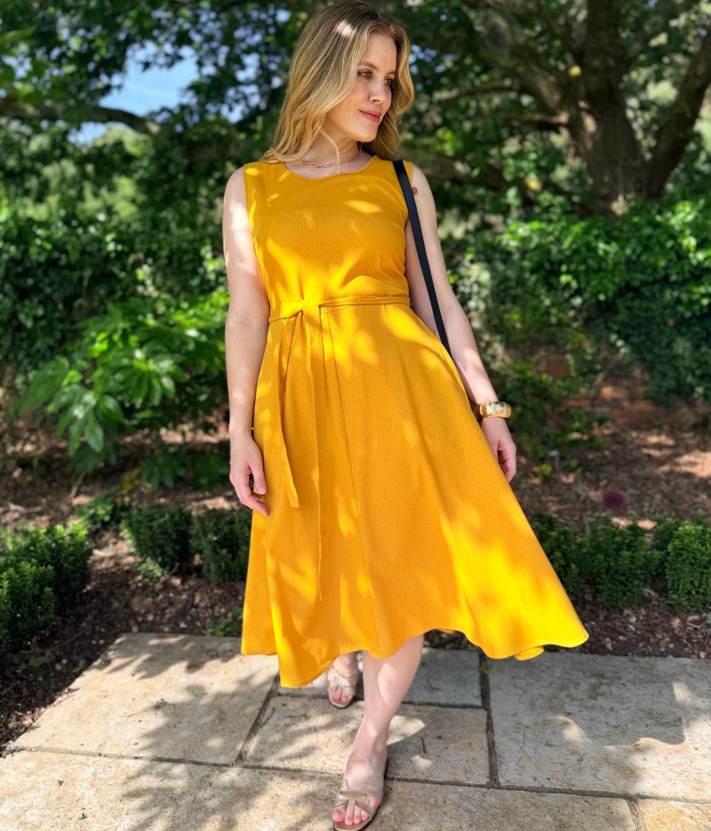 Mustard Sleeveless Belted Linen Blend Midi Dress