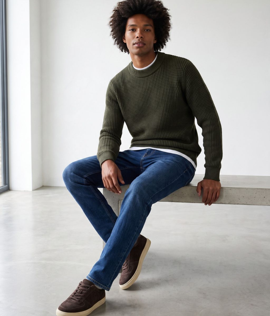 Mens Khaki Waffle Knit Jumper