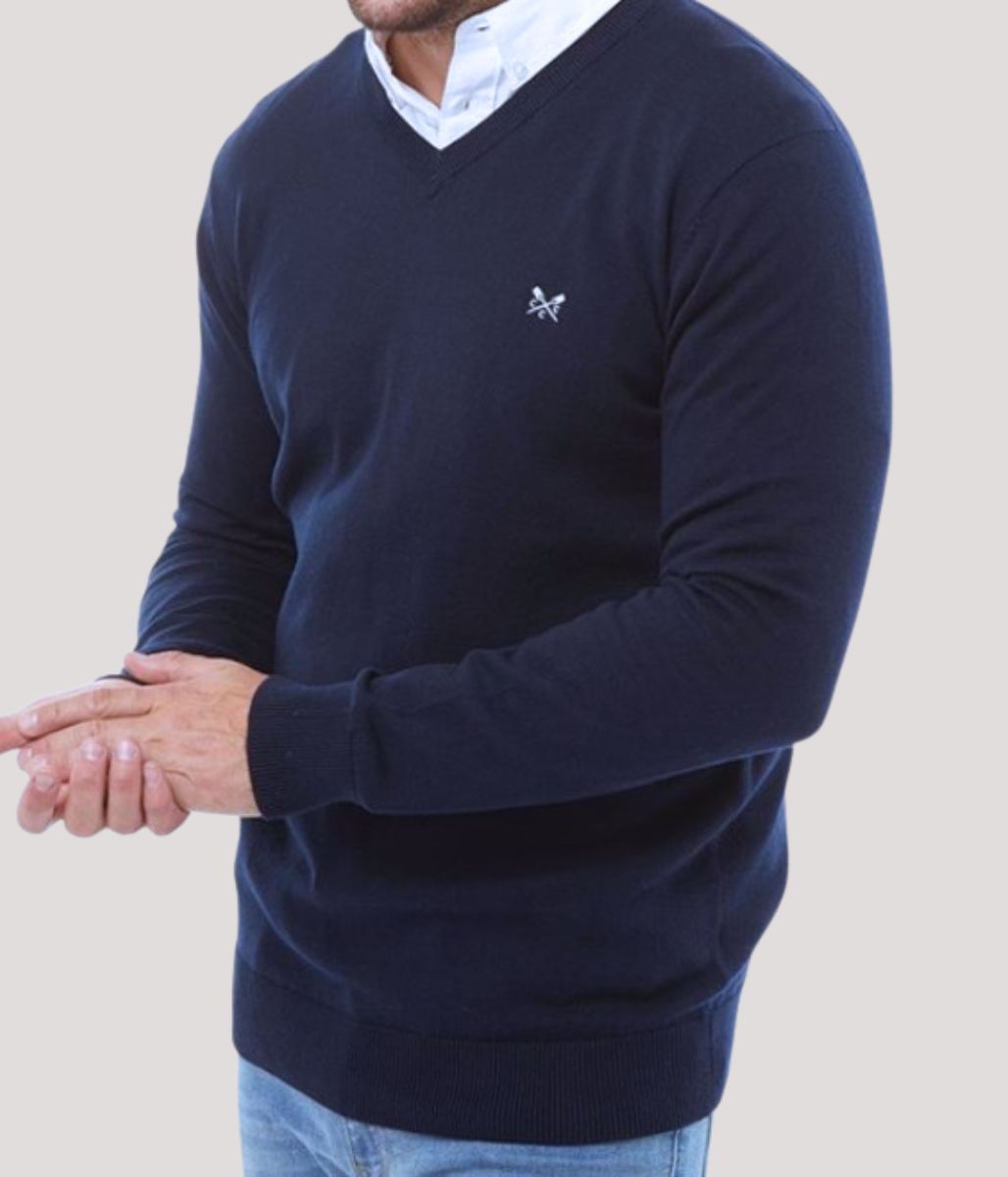 Navy Mens V Neck Logo Jumper