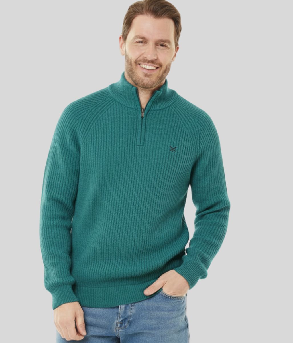 Mens Green Ribbed Fisherman 1/4 Zip Jumper