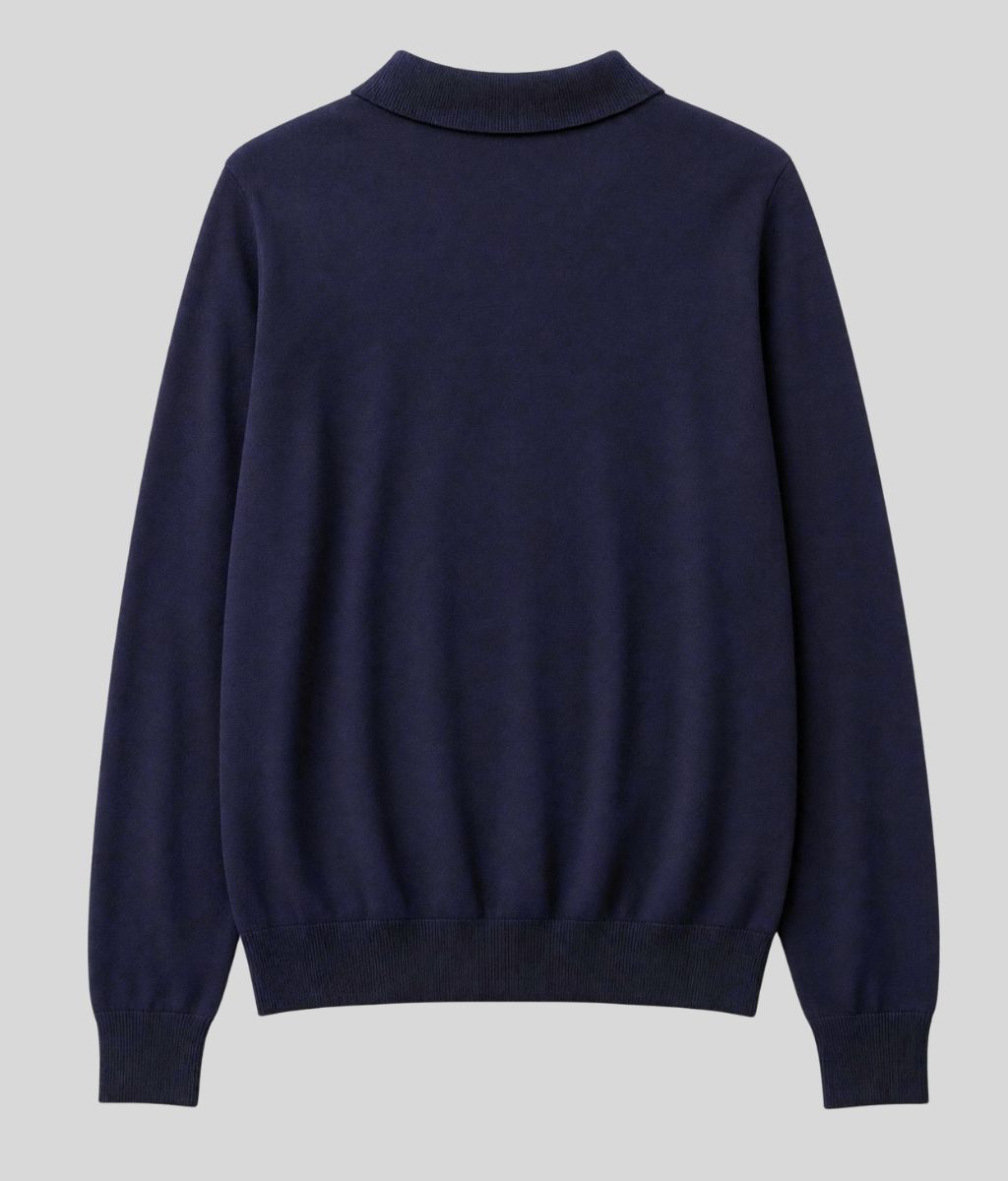 Mens Navy Cotton Rich Long Sleeve Knitted Polo Top