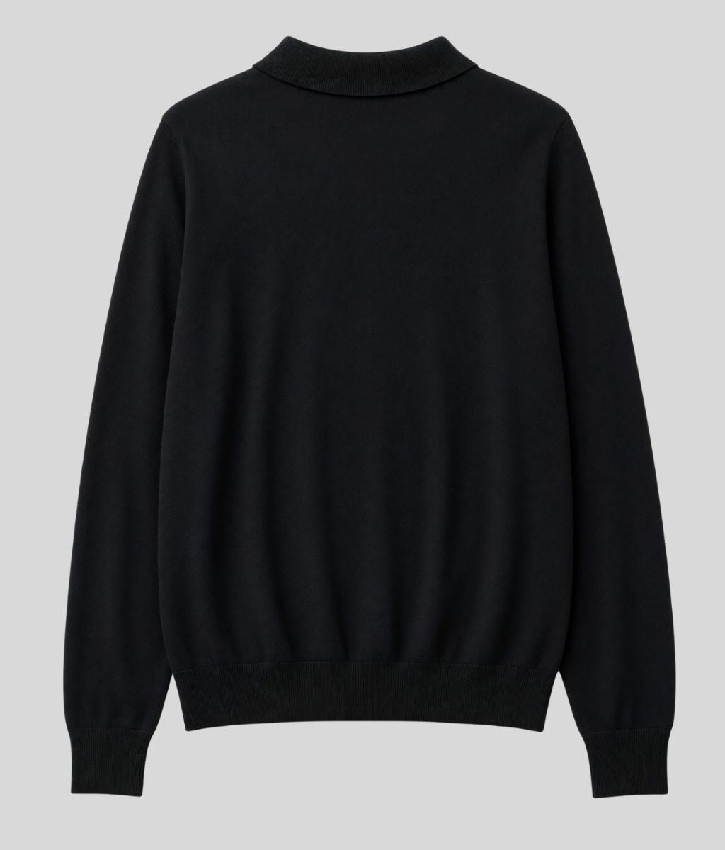 Mens Black Cotton Rich Long Sleeve Knitted Polo Top