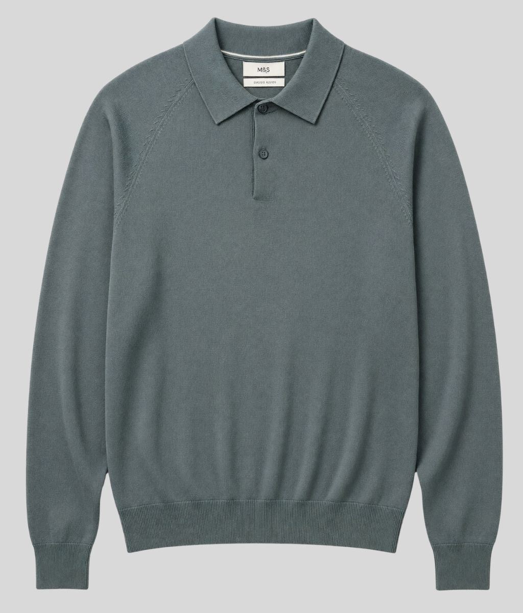 Mens Pewter Cotton Rich Long Sleeve Knitted Polo Top