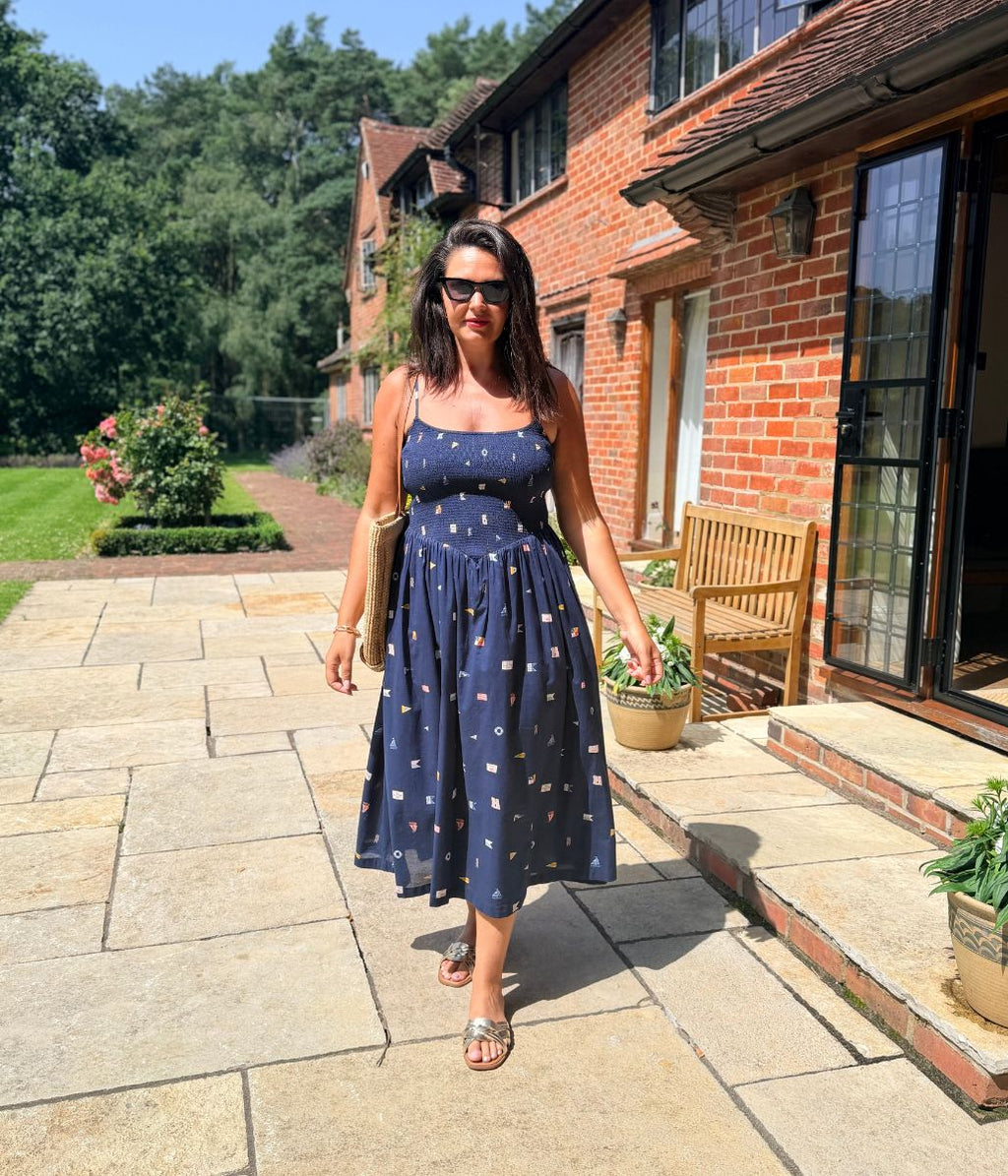 Navy Nautical Print Dipped Waist Smocked Midi Dress