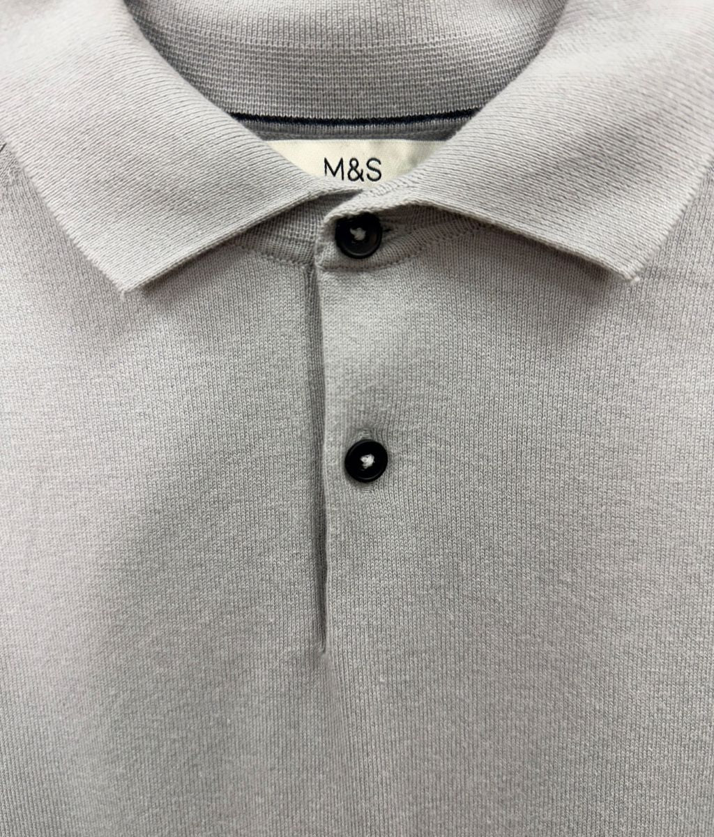 Mens Light Grey Cotton Rich Long Sleeve Knitted Polo Top