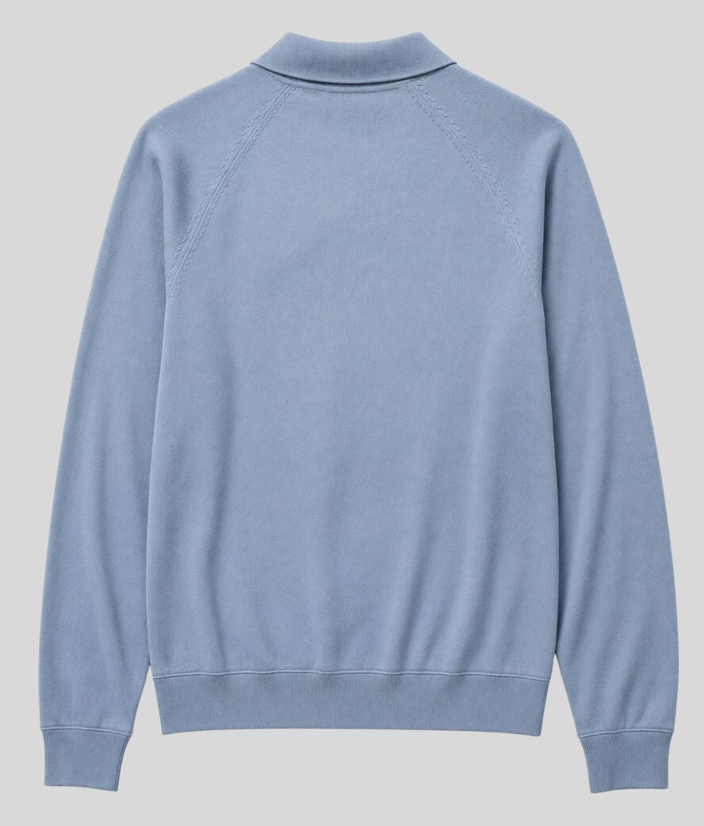 Mens Light Blue Cotton Rich Concealed Button Knitted Polo Top