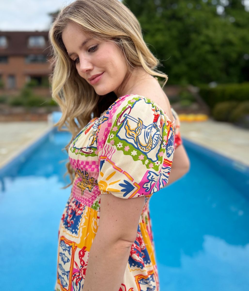 Postcard Print Shirred Midi Dress