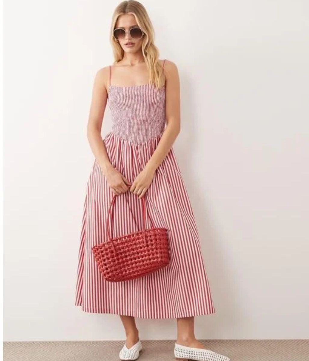 Red Striped Dipped Waist Smocked Midi Dress