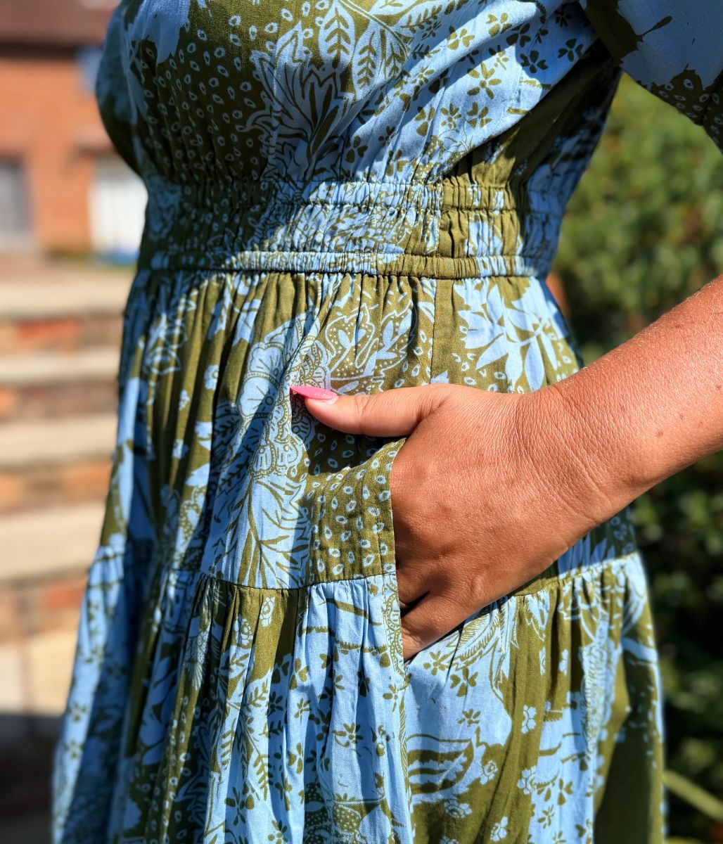 Green Flower Print Waisted Midi Dress