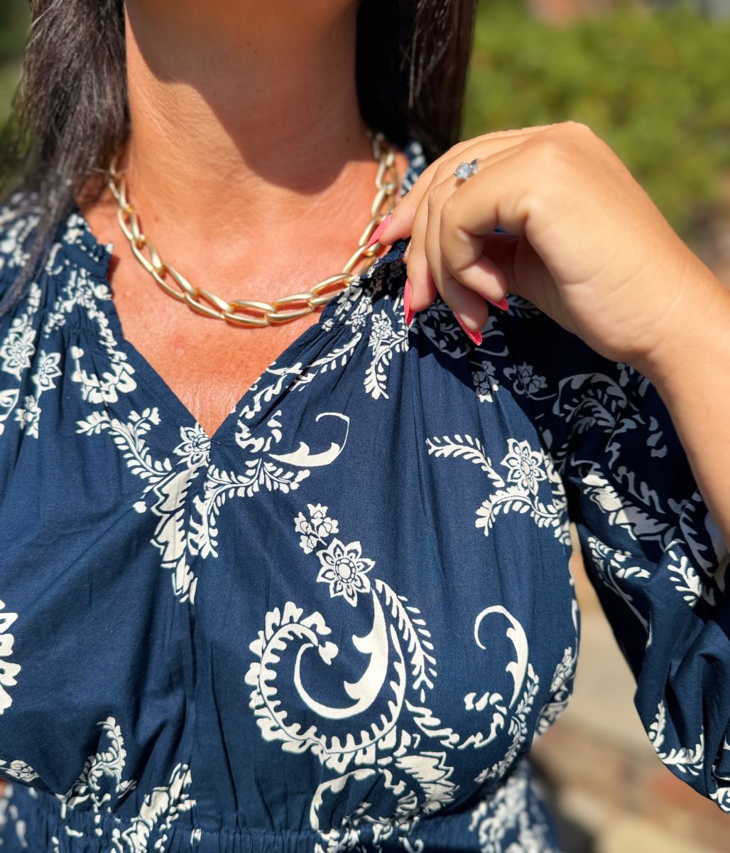 Navy Flower Print Waisted Midi Dress