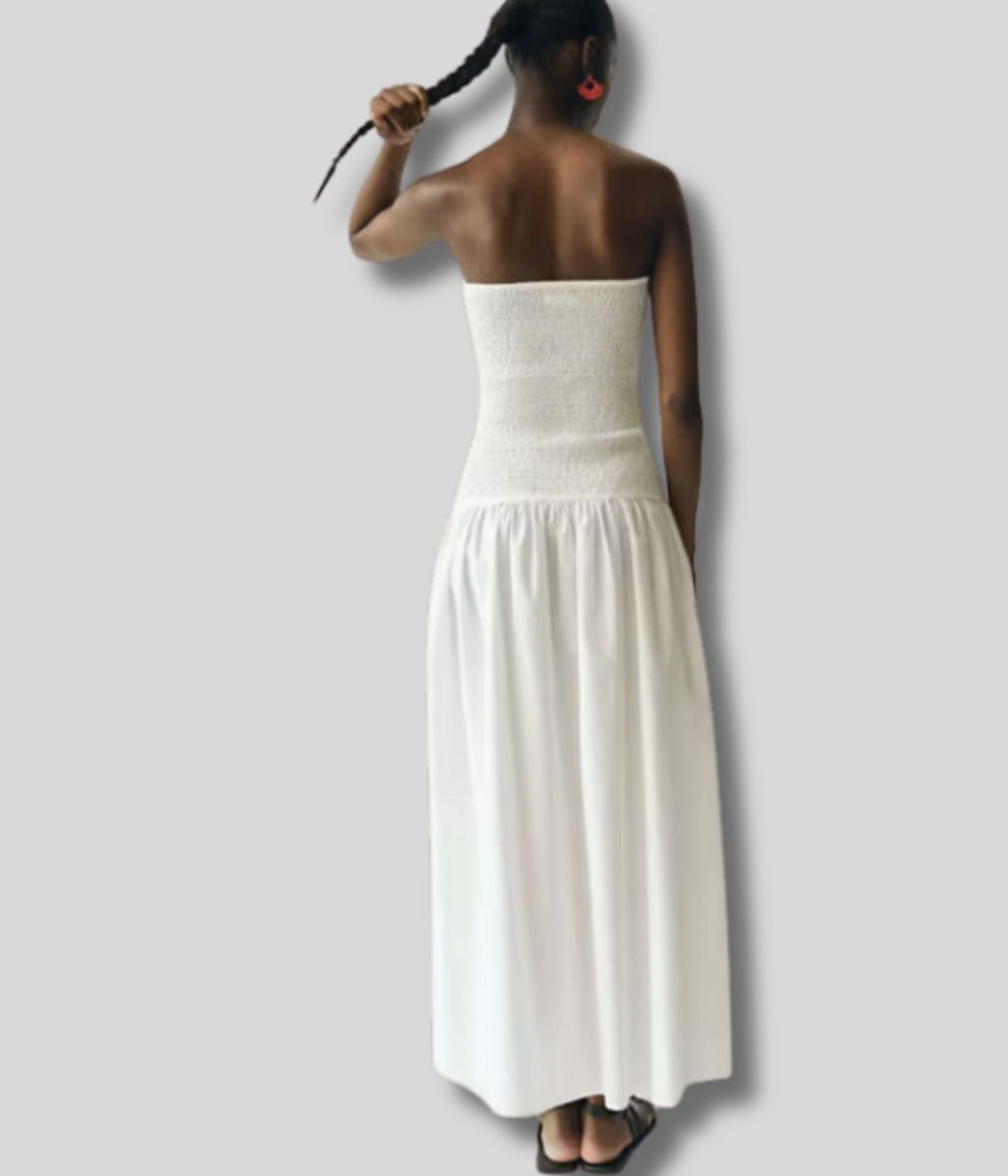 White Strapless Shirred Maxi Dress