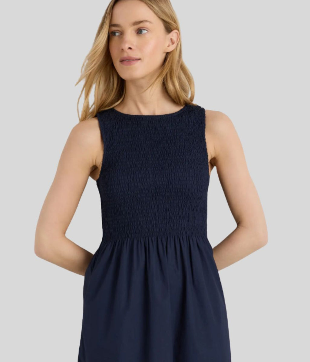 Navy Cotton Poplin Shirred Dress