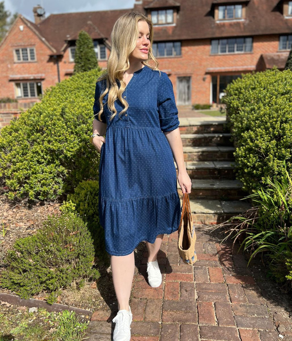 Brakeburn Blue Dotty Tiered Midi Dress