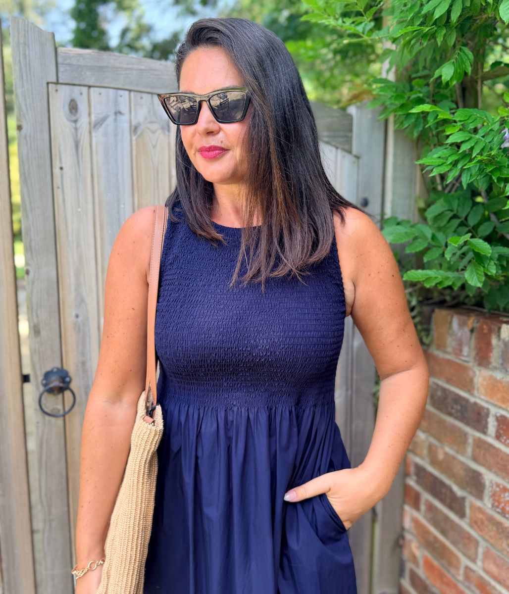 Navy Cotton Poplin Shirred Dress