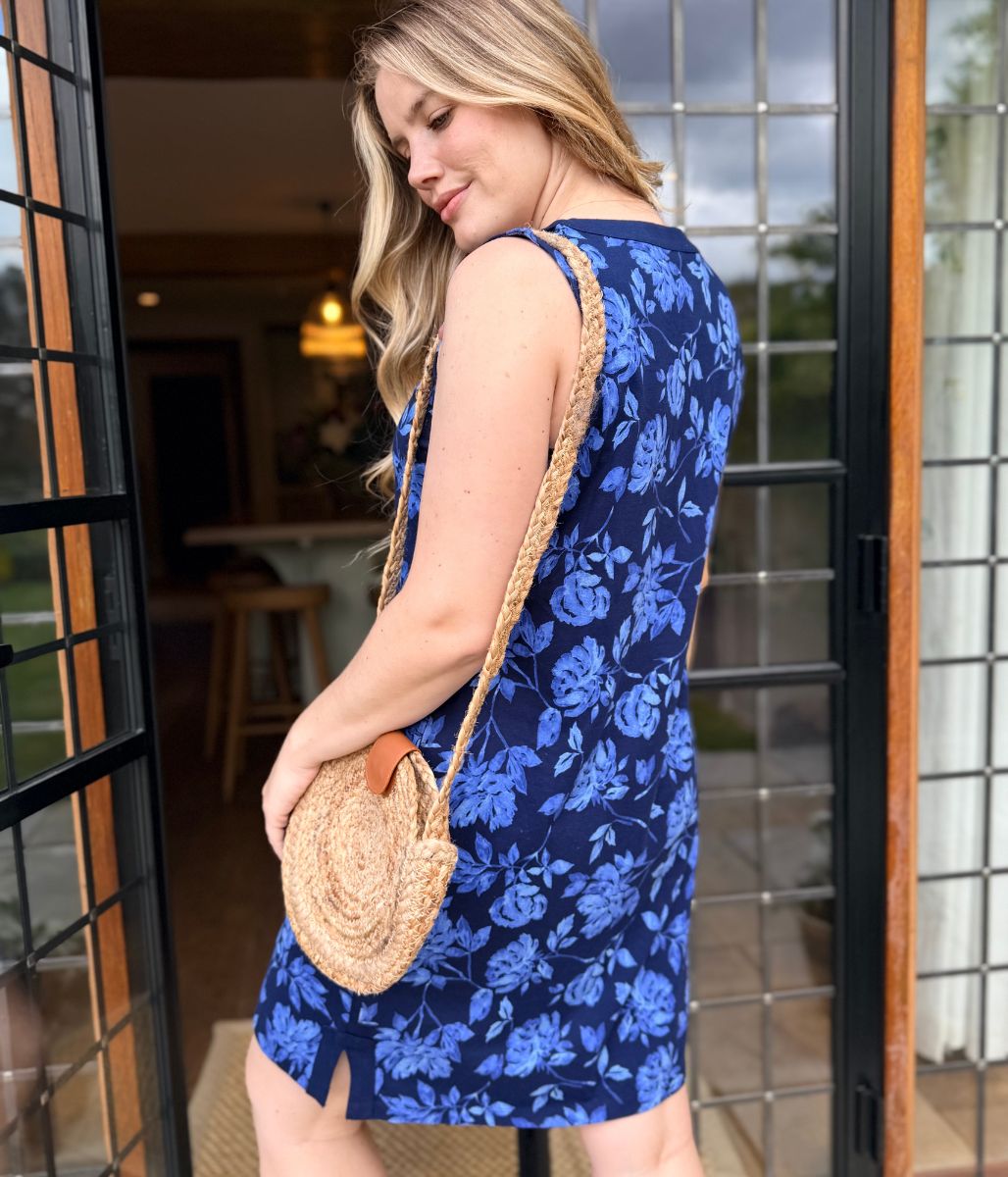 Navy Floral Jersey Notch Neck Dress