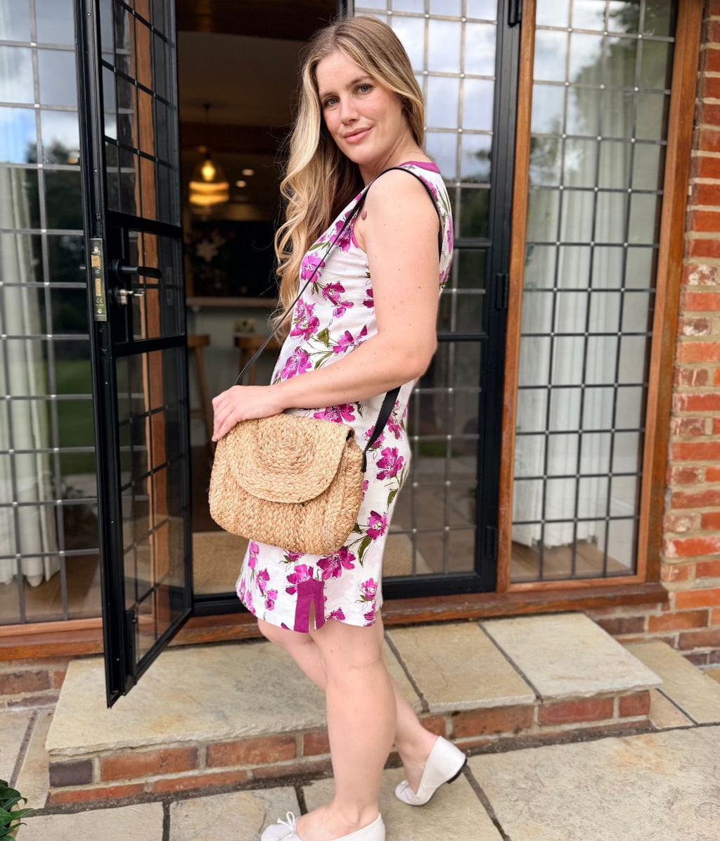 Purple Floral Jersey Notch Neck Dress