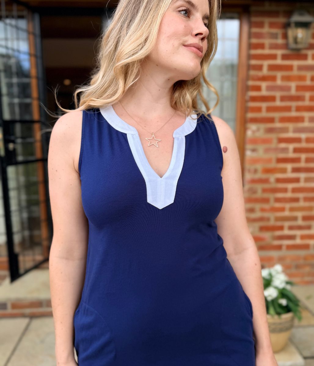 Navy White Trim Jersey Notch Neck Dress