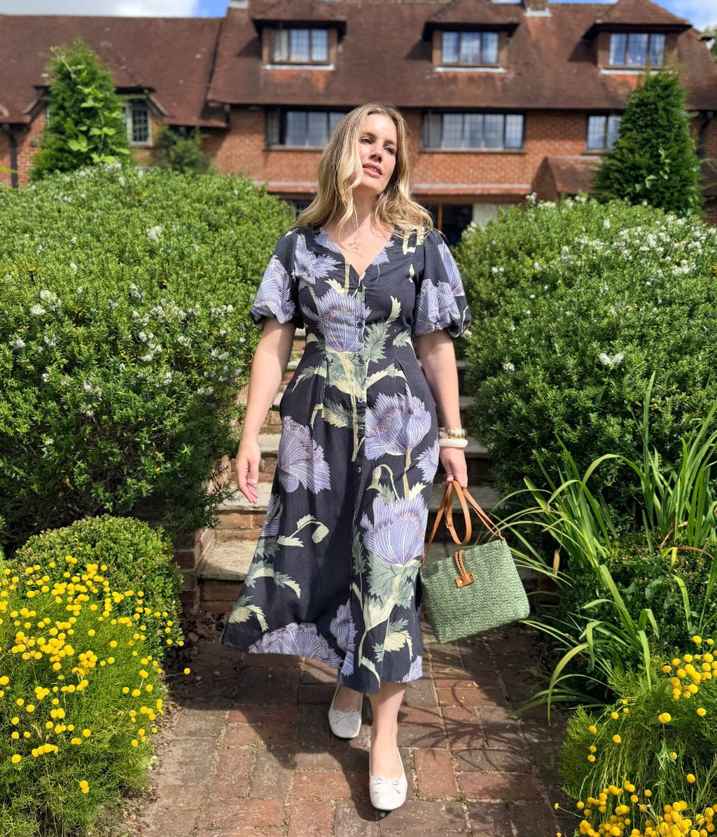 Navy Linen Blend Kew Gardens Midi Dress